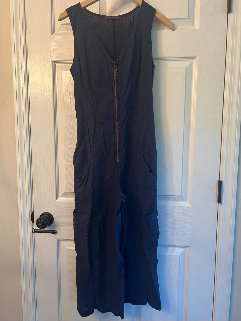 Sleeveless Navy Cotton Linen Zip-Front Utility Jumpsuit